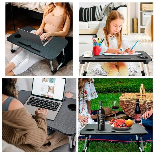 Table de lit pliable 60x40x28 cm, bureau portable pour ordinateur portable, plateau petit déjeuner, support tablette smartphone, porte gobelet intégré