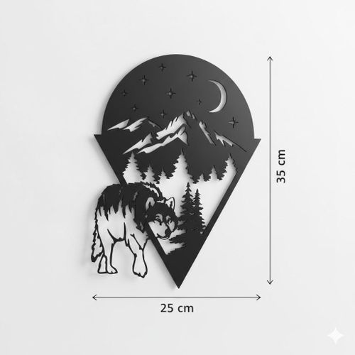 Tableau mural noir représente un loup avec paysage de montagne et nuit étoilée en bois MDF 35*25cm