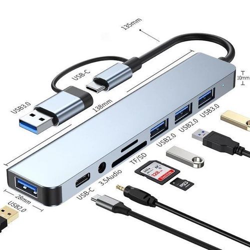 Station d'accueil Hub USB Type C 8 en 1, avec prise Audio 3.5mm, lecteur de carte Micro SD pour ordinateur portable, tablette