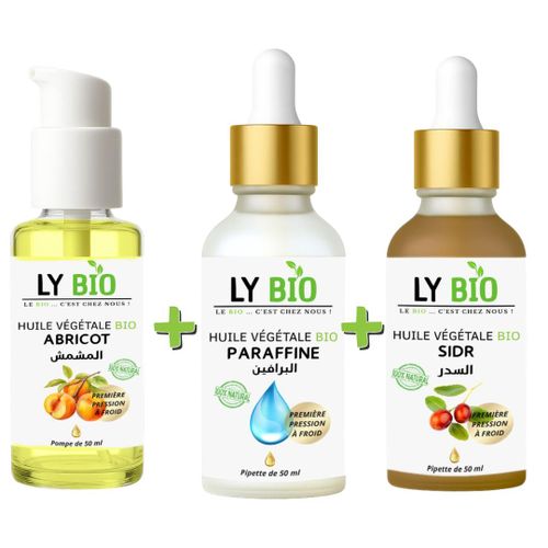 PACK HUILE ABRICOT 50ML - POMPE + HUILE PARAFFINE 50ML - PIPETTE + HUILE SIDR 50ML - PIPETTE
