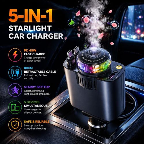 Chargeur Voiture 5 en 1 Starlight – USB + Type-C PD 30W + Diffuseur Parfum + Lumière Ambiance LED