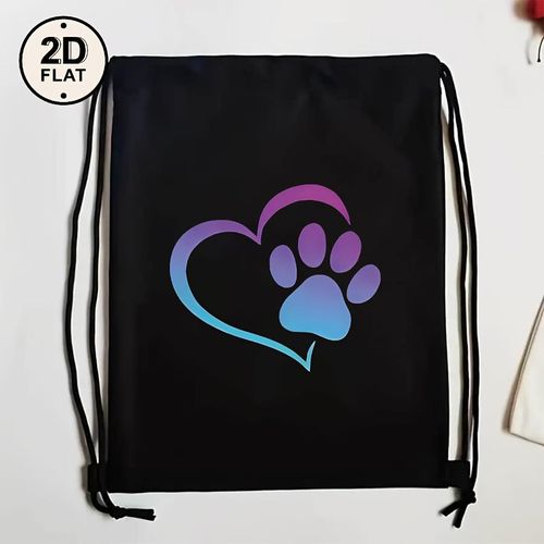 Sac à cordon noir avec motif « empreinte de patte de chien », en matériau doux pour un rangement portable. Convient pour les vacances, le fitness, le shopping, le sport et le yoga. Un excellent choix de cadeau pour les amis au printemps et en été