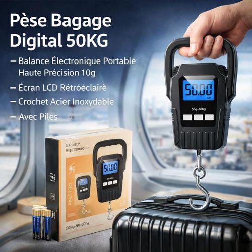 Pèse Bagage Digital 50KG – Balance Électronique Portable Haute Précision 10g – Écran LCD Rétroéclairé – Crochet Acier Inoxydable – Avec Piles