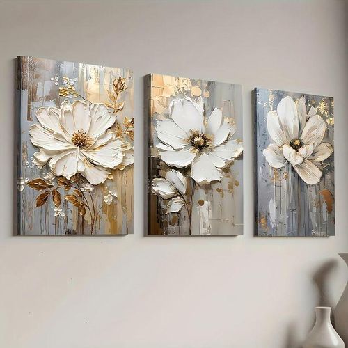 Set de 3 Tableaux Muraux Fleurs Blanches – Décoration Murale Abstraite Dorée et Beige