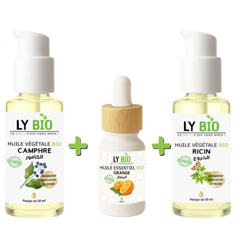 PACK HUILE CAMPHREE 50ML - POMPE + HUILE ESSENTIEL ORANGE 10ML + HUILE RICIN 50ml - POMPE