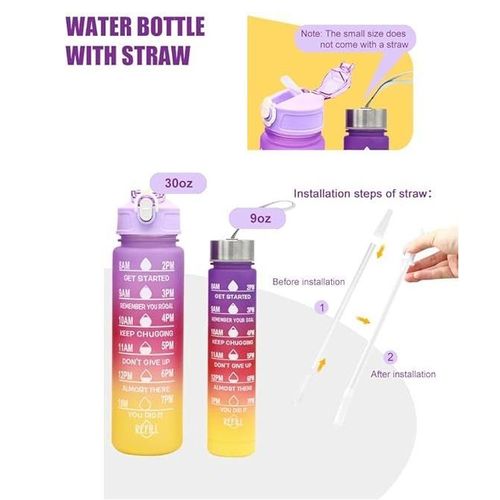 مجموعة من 2 زجاجة ماء - 900 مل و300 مل - مضادة للتسرب - مع قش - خالية من BPA - مع مؤشر للوقت - للدراجات، اللياقة البدنية، التنزه، في الهواء الطلق