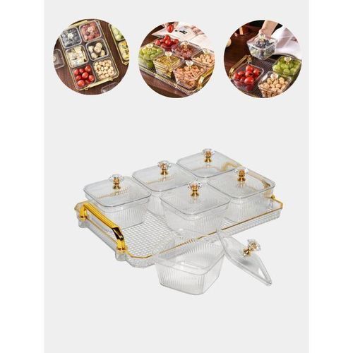 Ensemble de 6 Boîtes à Bonbons avec Couvercles et Plateau de Rangement Plats à Collation Bocaux à Dessert Carrés Transparents 6 Assiettes de Fruits Secs