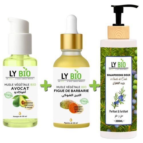 PACK HUILE AVOCAT 50ml - POMPE + HUILE FIGUE DE BARBARIE 50ML - PIPETTE + SHAMPOOING A L'HUILE DE CADE 200ML