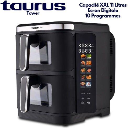 TOWER Air Fryer XXL à Double Panier 11 Litres, Écran Digital Pliable, 2 Zones Indépendantes 5,5L + 5,5L, 10 Programmes intégrés, Synchronisation de Cuisson, 2800W, Cuisine Sans Huile pour Toute la Famille