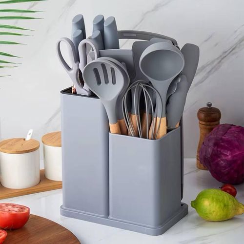 Set d'Ustensiles de Cuisine Gris en Silicone Anti-Rayeurs avec Couteaux et Pot de Rangement Double - Service de Cuisine Complet Anti-Chaleur avec Manches en Bois