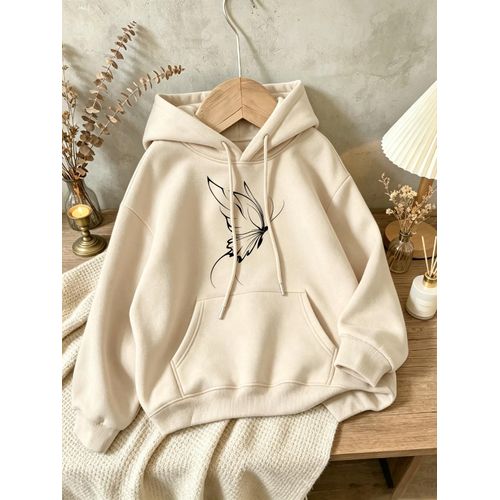 Sweat à capuche ample imprimé papillon à longue queue dégradé noir et blanc, style asiatique de niche épuré haut de gamme avec une ambiance urbaine