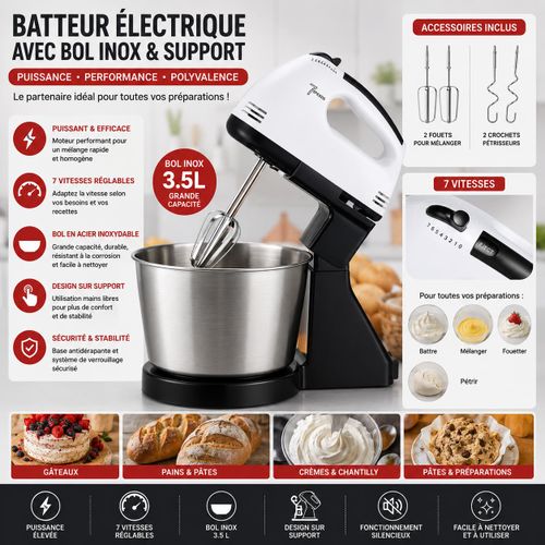 Batteur Électrique avec Bol Inox, 7 Vitesses, 2 Fouets et 2 Crochets Pétrisseurs, Mixeur de Cuisine sur Support