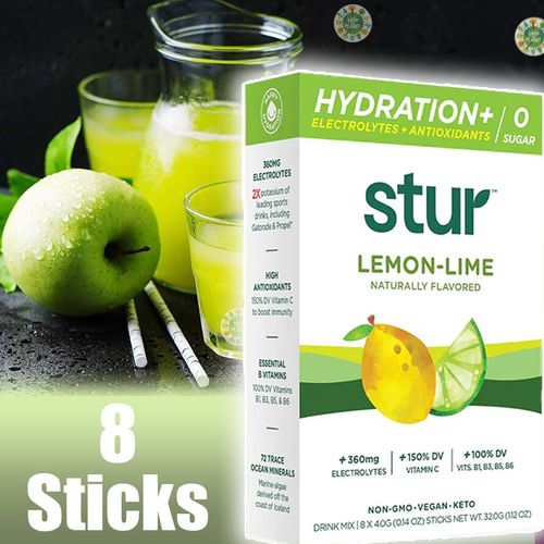 Stur, Mélange à boire Hydratation + Électrolytes + Antioxydants, Citron et citron vert, 8 sticks, 4 g chacun, 2X potassium of leading sports drinks, including Gatorade & Propel*