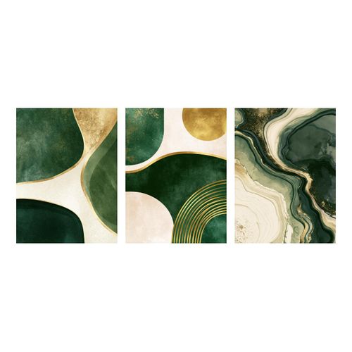 Tableau Mural Abstrait Vert Emeraude Marbre et Lignes Dorees Triptyque 3 Pieces 126 x 60 cm - Toile Canvas HD sur Chassis Bois