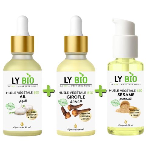 PACK HUILE AIL 50ML - PIPETTE + HUILE GIROFLE 50ML - PIPETTE + HUILE SESAME 50ml - POMPE