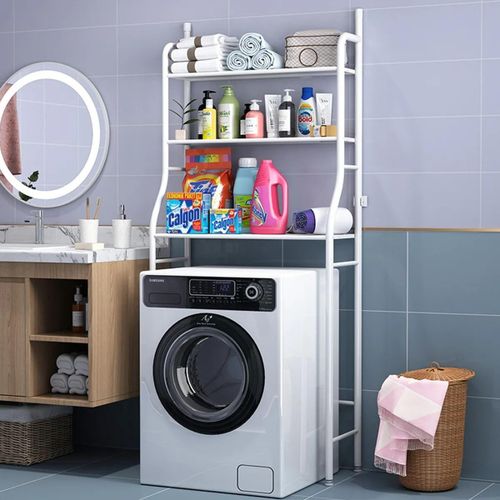 Étagère de rangement gain de place pour lave-linge, structure en métal robuste avec multiples niveaux pour organiser votre buanderie.