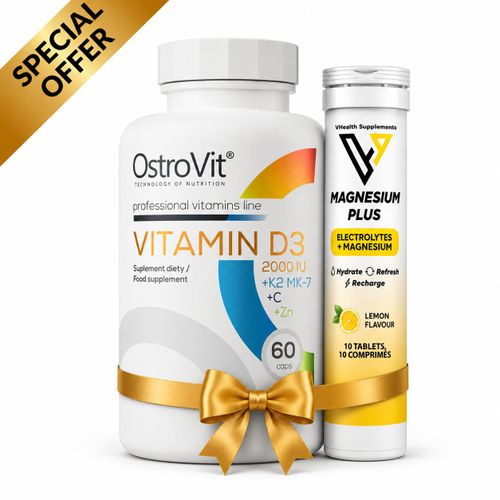 Pack vitamin D3 2000 IU + K2 MK-7 + C + Zinc - 60 Caps + Electrolytes Plus Magnesium - Citron 10 Tabs Effervescents