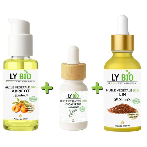 PACK HUILE ABRICOT 50ML - POMPE + HUILE ESSENTIEL EUCALYPTUS 10ML + HUILE LIN 50ML - PIPETTE