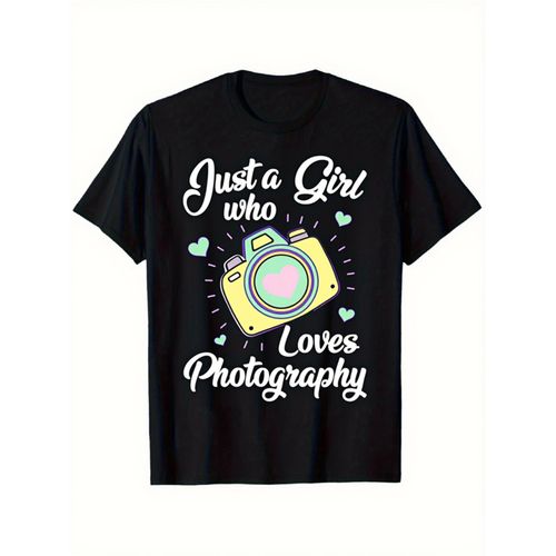 T-shirt Graphique pour Femme et Unisexe Just a Girl Who Loves Photography 180 g/m, T-shirt Épais, Doux et Respirant avec Motif Appareil Photo et Pellicule, Style Urbain Décontracté, Cadeau pour Passionné de Photographie, Haut Noir à Manches Courtes