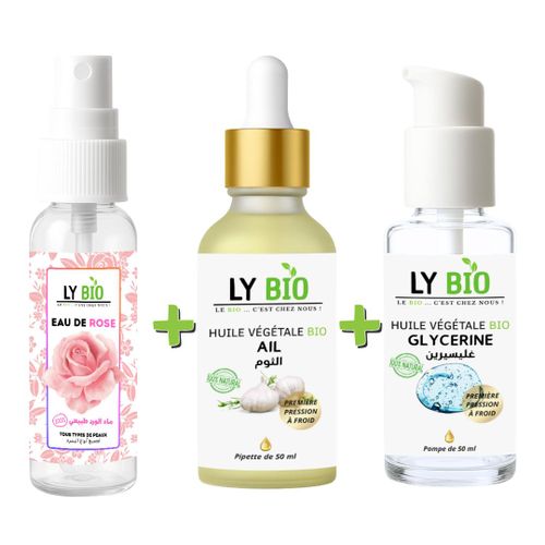 LYBIO مجموعة ماء الورد 100 مل + زيت الثوم 50 مل - قطارة + زيت الجلسرين 50 مل - مضخة