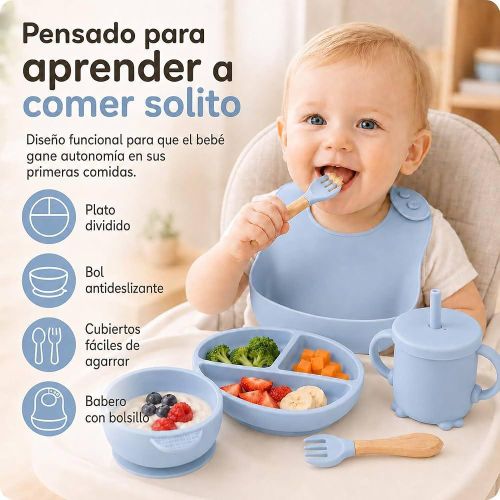 Kit Alimentation Bébé en Silicone – 8 Pièces avec Assiette et Bavoir