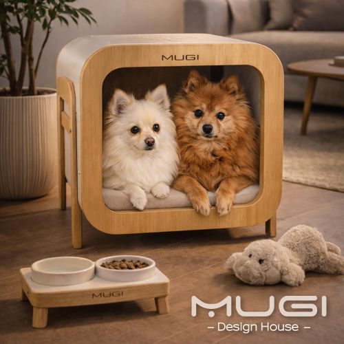 Niche design Premium pour chien et chat – Table en bois & aluminium blanc avec coussin intégré - niche, panier, couchage.