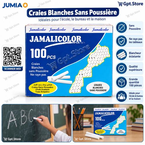 Jamalicolor Craies Blanches pour Tableau – 100 Pièces – Écriture Claire et Anti-Rayures