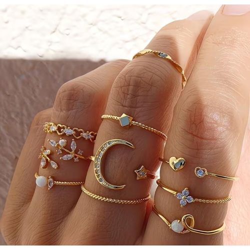 Ensemble de Bagues Dorées Élégantes Pour Femme – Lot de 10 Bagues Motif Lune, Étoile, Cœur, Perles & Cristaux Strass