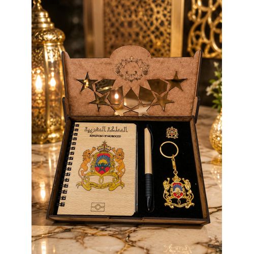 Coffret Cadeau Marocain 4 Pièces – Agenda, Stylo, Porte-Clés et Pin’s Royaume du Maroc