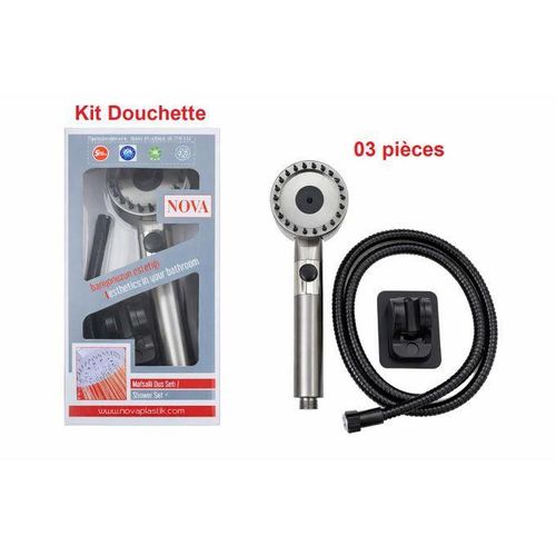 Ensemble Douche NOVA 3 en 1 - Pommeau Multi Jets Flexible Inox Support Mural Anti-Calcaire co-Eau Installation 5 Min Design Moderne