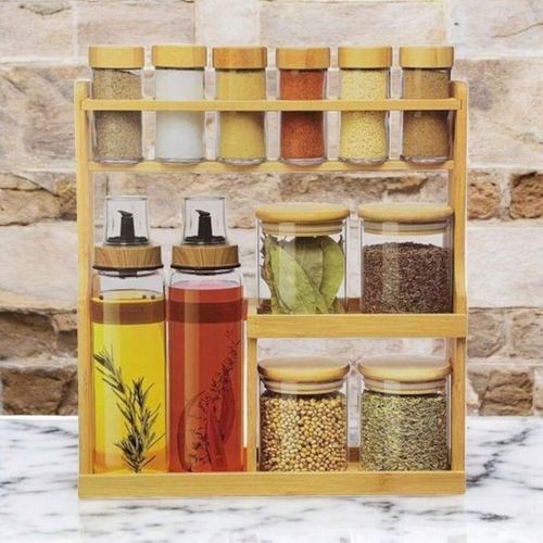 مجموعة من 10 أوعية توابل و2 زجاجات زيت مع حامل خشبي