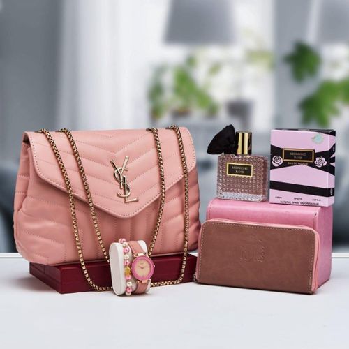 Coffret cadeau femme élégant – Sac matelassé, parfum & accessoires assortis - rose