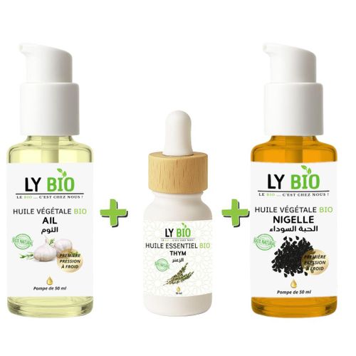 PACK HUILE AIL 50ML - POMPE + HUILE ESSENTIEL THYM 10ML + HUILE NIGELLE 50ML - POMPE