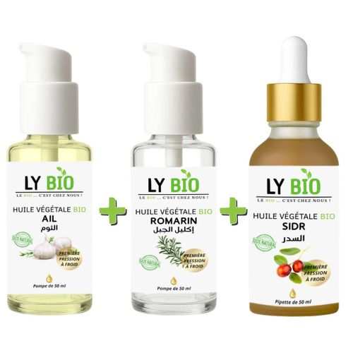 PACK HUILE AIL 50ML - POMPE + HUILE ROMARIN 50ml - POMPE + HUILE SIDR 50ML - PIPETTE