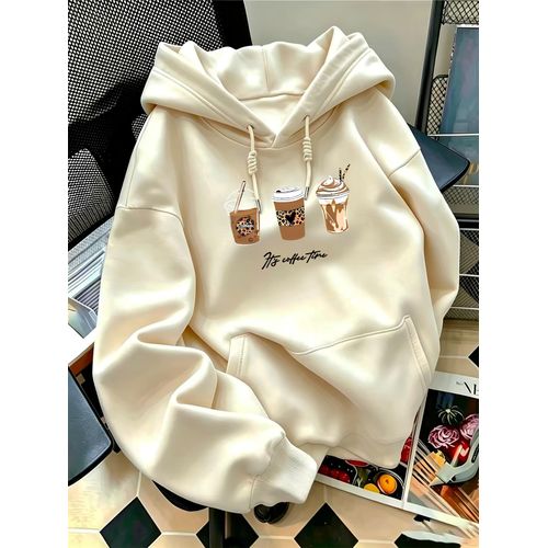 Sweat à capuche à imprimé graphique C'est l'heure du café, sweat à cordon de serrage décontracté pour l'hiver et l'automne, nouvelle collection de vêtements pour femmes, haut d'automne et d'hiver pour femmes, tissu confortable pour un usage quotidien