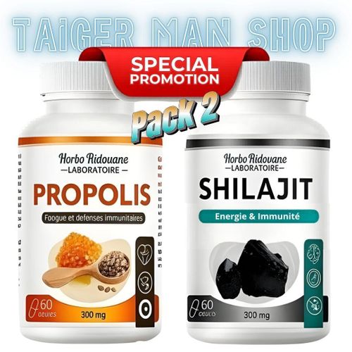 Pack 2x Bottel Propolis 300mg + Shilajit 300mg- Capsules Shilajit 300 mg, 60 Gélules - Propolis 300mg, 60 Gélules, augmentent l'énergie et l'endurance, et boostent les performances des hommes.