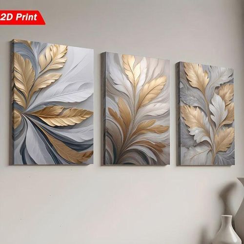 Set de 3 Tableaux Muraux Feuilles Dorées – Décoration Murale Élégante Gris et Or