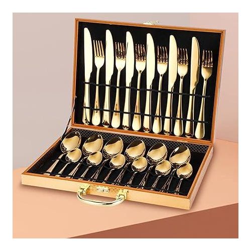 ensemble de couverts en acier inoxydable, 24 pièces, comprenant couteau/fourchette/cuillère/cuillère à café, service pour 6 personnes, avec boîte de rangement portable en bois