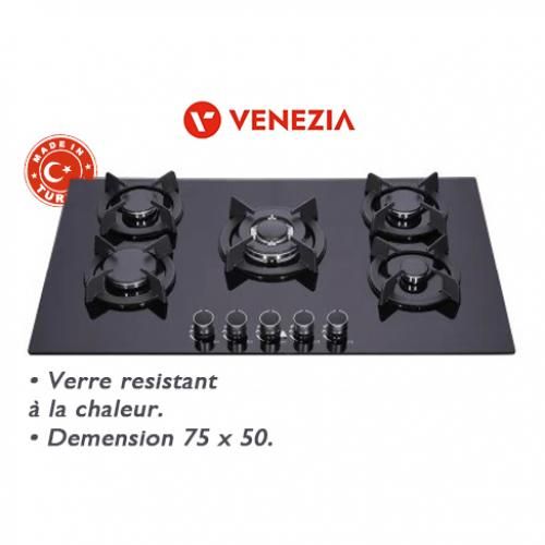 Plaque de cuisson 5 feux à gaz électrique 50x75 - En verre trempe - Noir