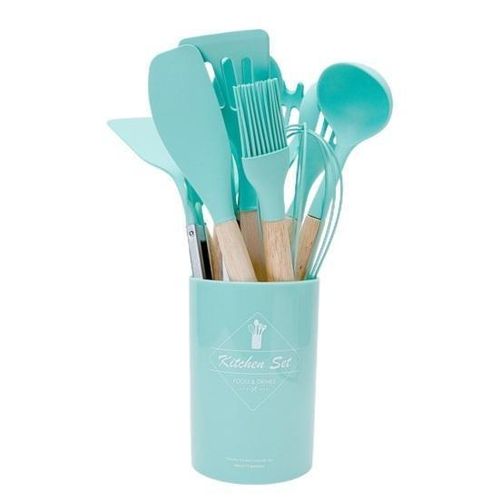 مجموعة من 12 أداة مطبخ من السيليكون، تتضمن ملعقة، ملاعق خشبية مقاومة للحرارة، وإكسسوارات للطهي غير اللاصقة.