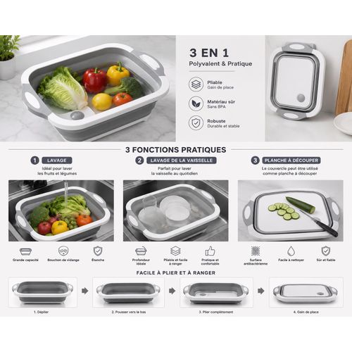 Bee Home Planche à Découper Pliable 3 en 1 – Bac de Lavage, Passoire et Planche de Cuisine Multifonction