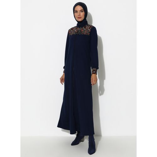 Bleu marine - Tissu non doubl - Col chinois - Abaya - Miss Cazibe