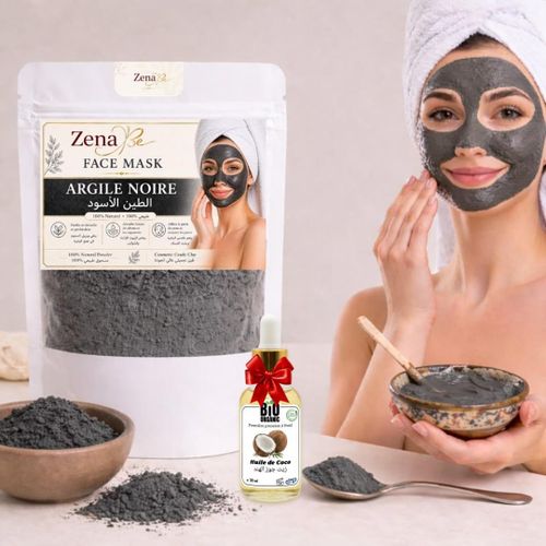 Grand format argile noire naturelle 500g premium + huile de Coco 30ml gratuit