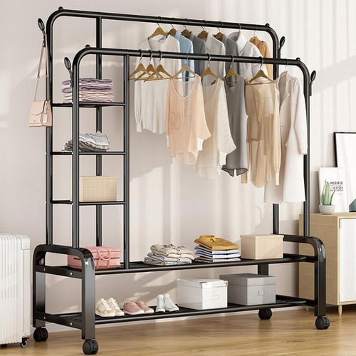 Portant à Vêtements Double Barre en Métal avec Roulettes et Étagères – Capacité 70 kg – Rangement Mobile Robuste pour Chambre, Entrée, Bureau ou Dressing – Couleur Noire