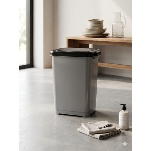 Poubelle Rectangulaire en Plastique 15L – Grise avec Couvercle Noir – Idéale pour Cuisine, Salle de Bain et Bureau