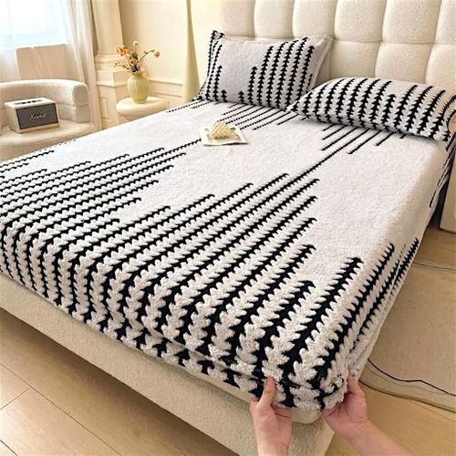 Ensemble Parure de Lit Polaire Cationique Épaisse drap housse 200x160 cm + 2 Taies d’Oreiller 79x50 cm Chaud, Ultra Doux avec Motif 3D