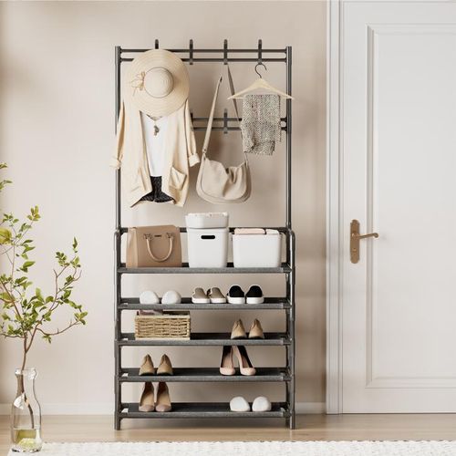 Porte-manteau en métal avec crochets et étagère à chaussures 5 niveaux
