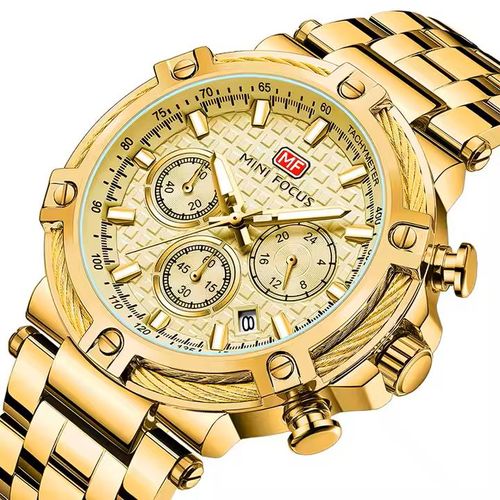 Montre Luxe Homme Chronographe Tout Or Cadran Texturé en Relief Affichage 24 h Doré – Série Prestige