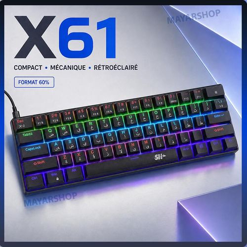 Clavier Gaming Mécanique Compact 60% – 61 Touches – Rétroéclairage LED Multicolore – Disposition Arabe et Française – USB-C Filaire – Compatible Windows