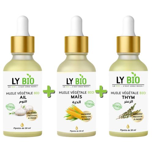 PACK HUILE AIL 50ML - PIPETTE + HUILE MAIS 50ML - PIPETTE + HUILE THYM 50ML - PIPETTE